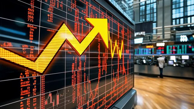 A 3d stock market display showing a sharp upward trend in a trading floor, symbolizing economic growth and financial success.
