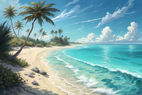 tropical beach with palm trees tranquil lake reflection with misty mountains. Inspirational tropical beach, palm trees and white sand, circular pattern on water surface - Powered by Adobe