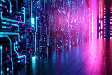 Fototapeta premium Neon illuminated circuit boards line a futuristic corridor with perspective