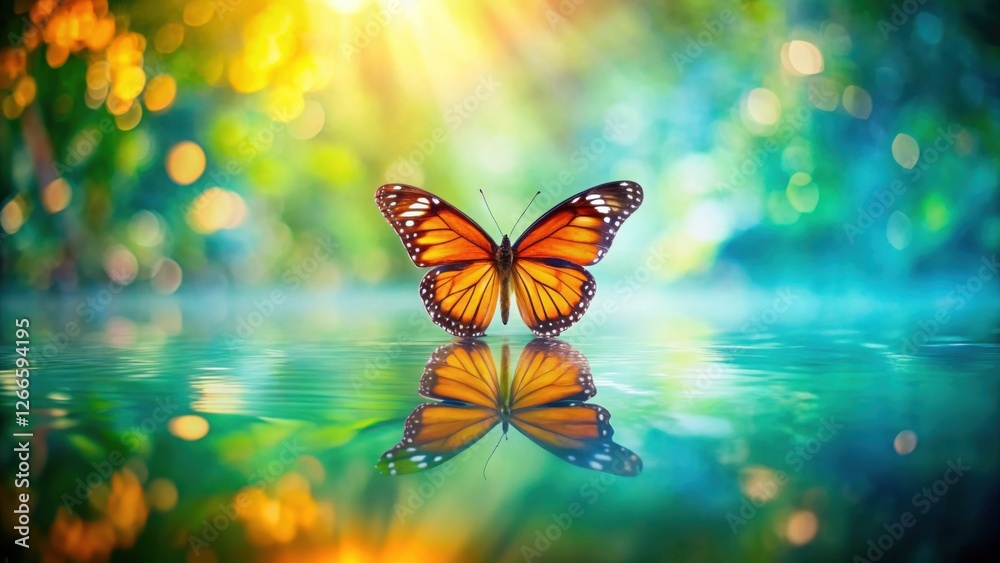 Poster serene butterfly reflection in a tranquil aquatic setting, illuminated by a soft sunlight amongst lu