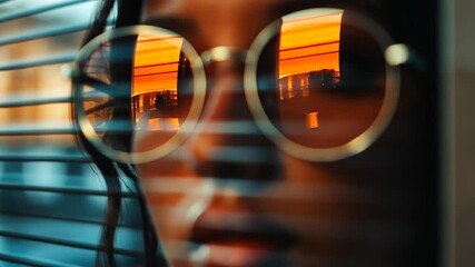 Reflection of a sunset captured in sunglasses while a person gazes through window blinds at urban scenery