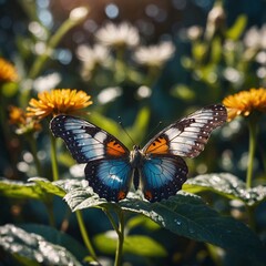 A butterfly with crystalline wings reflecting sunlight in a fantasy garden.