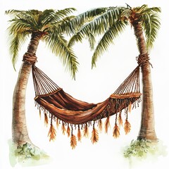 Hammock swaying between palm trees in a tropical setting