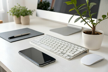 Modern Workspace Desk Featuring Computer Keyboard Mouse Mobile Phone and Plants