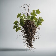 A surreal floating grapevine with its roots visible, hovering above a white surface.