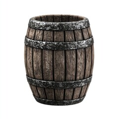 Obraz premium Rustic wooden barrel perfect for aging wine or whiskey, featuring aged wood and metal bands., on a white background