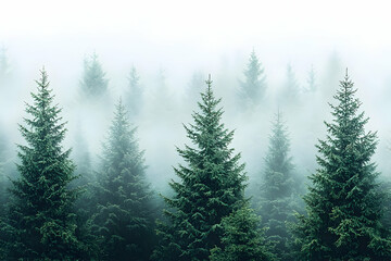 Fototapeta premium Misty Forest Canopy, tranquil, morning light, nature scene. Possible use wallpaper, screen saver
