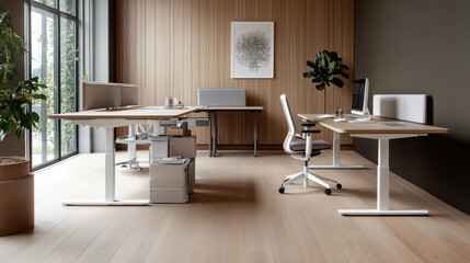 modern office with neutral tones and soft morning light