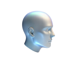 A holographic 3D representation of a human face in profile, isolated on white background, showcasing modern, abstract design elements. Ideal for concepts related to technology, AI