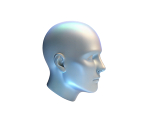A holographic 3D representation of a human face in profile, isolated on white background, showcasing modern, abstract design elements. Ideal for concepts related to technology, AI