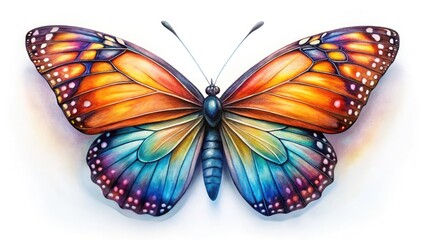 Fototapeta premium High-resolution macro shot: vibrant watercolor butterfly, detailed wings, colorful, against a pure white background.