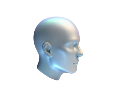 A holographic 3D representation of a human face in profile, isolated on white background, showcasing modern, abstract design elements. Ideal for concepts related to technology, AI