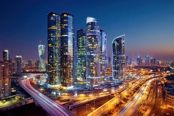 Naklejka premium Night view of a technologically advanced city with elegant, illuminated skyscrapers. High-quality background that meets the requirements of the latest technology.