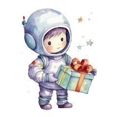 watercolors Cute astronaut holding gift box illustration