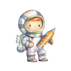 watercolors Cute astronaut holding rocket toy illustration