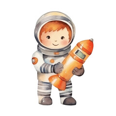 watercolors Cute astronaut holding rocket toy illustration