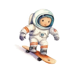 watercolors Cute astronaut playing skateboard illustration 