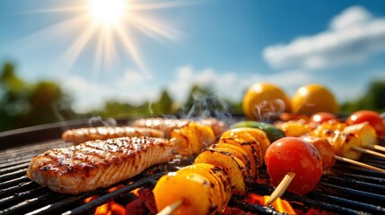 Outdoor grilling of colorful skewers and fish on a sunny day