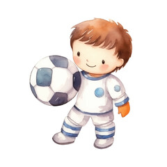 watercolors Cute astronaut playing soccer with moon ball illustration 