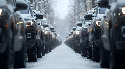 Snowy city street, cars parked, winter, transportation, urban scene, snow covered