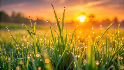 Golden Hour Dewdrops on Vibrant Green Blades of Grass at Sunrise