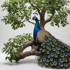 Naklejka premium A tree with a beautiful peacock resting under its shade on a pure white background.