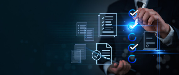 Smart document verification system showing virtual checklist interface. Business professional...