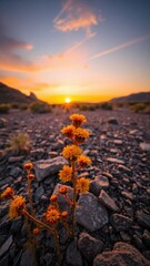 a desert scene at sunset with a close-up focus on a plant with yellow-orange blooms growing on a rocky surface.