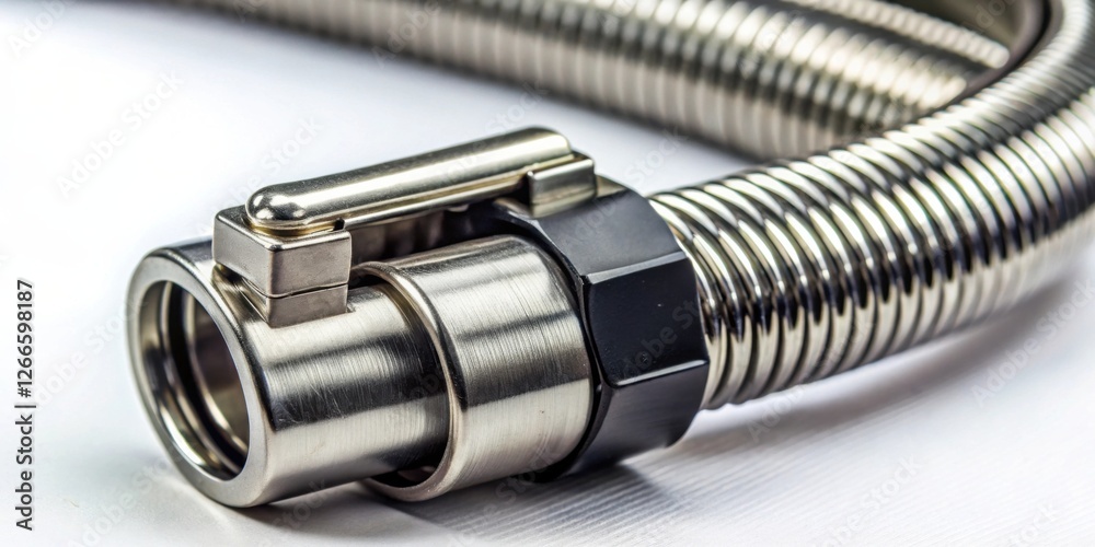 Poster Close-up view of a metallic flexible tube connector with a secure locking mechanism, showcasing its precision engineering and robust design for industrial applications