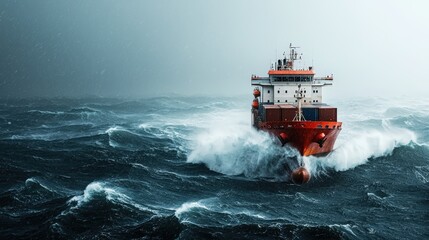 A red cargo ship navigates through turbulent waves under a stormy sky, showcasing the challenges of maritime travel.