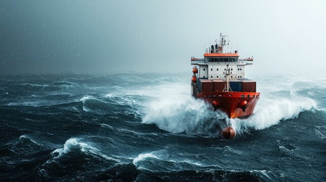 A red cargo ship navigates through turbulent waves under a stormy sky, showcasing the challenges of maritime travel.