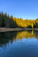 The mountain lake high in the mountains, covered in ice
