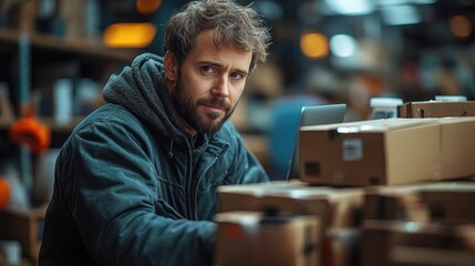 Fototapeta premium A focused man with a beard sits among boxes in a warehouse, conveying determination and concentration in a bustling environment.