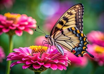 Fototapeta premium Macro shot: A swallowtail butterfly, wings delicately spread, perches on a vibrant pink zinnia in dim light.