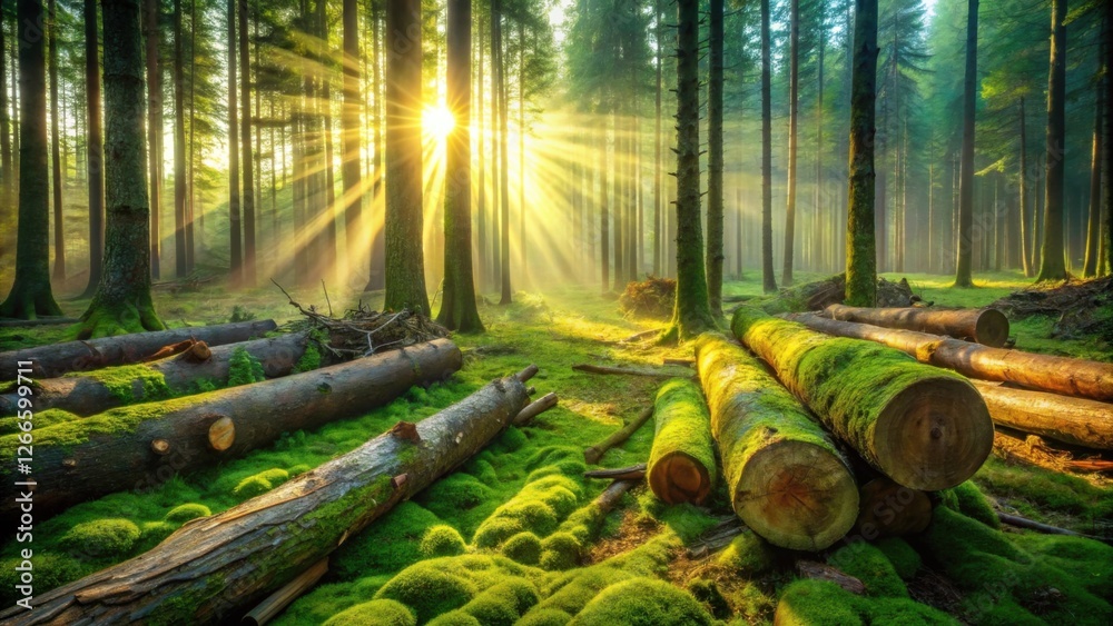 Poster sunlit forest with moss-covered logs and golden rays of light piercing through the trees