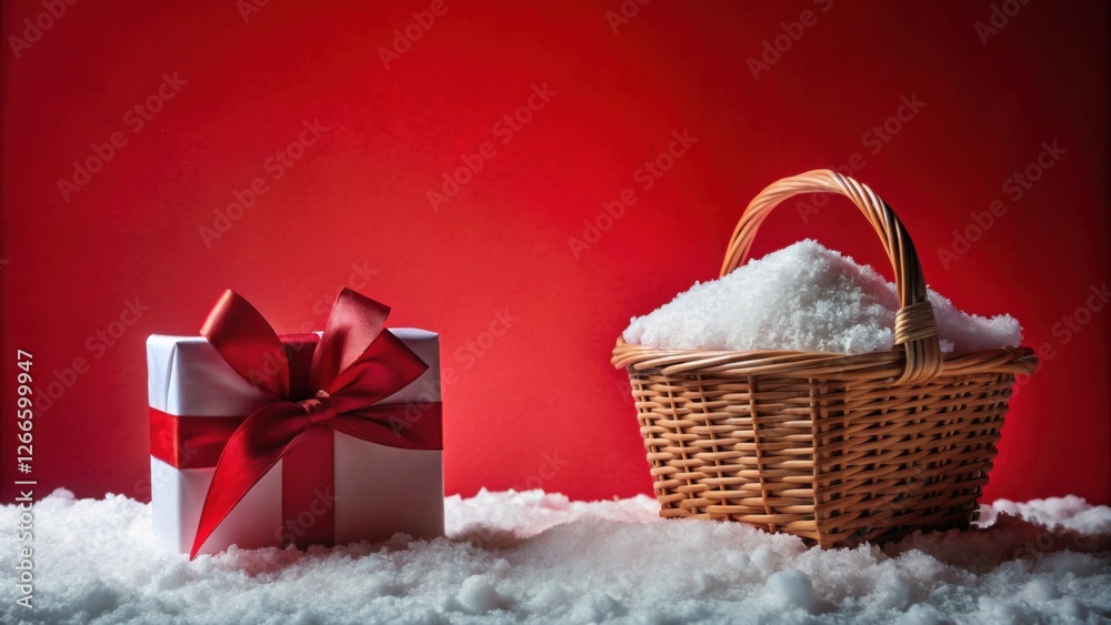 Poster a wrapped gift box and a basket of artificial snow resting on a snowy surface against a vivid red ba