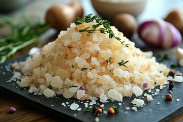 A mound of coarse salt garnished with fresh herbs, surrounded by various vegetables, showcasing a culinary preparation scene.