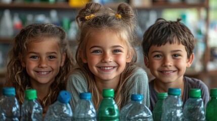 Three smiling children pose playfully in front of a collection of plastic bottles, promoting recycling and environmental awareness.