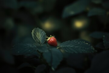 Obraz premium A single, ripe strawberry nestled amongst lush, dark green leaves in a garden.