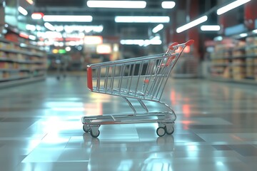Shopping cart in supermarket. Blurred background.