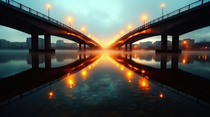 Misty morning, city bridges mirroring in calm river