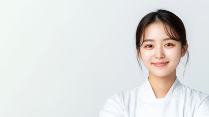Korean young chef woman smiling isolated on white background