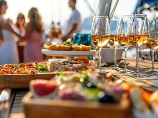 A vibrant outdoor gathering featuring an array of delicious food, elegant wine glasses, and a beautiful sunset backdrop.