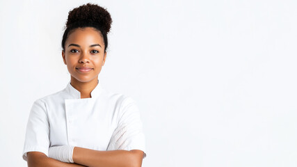 Obraz premium Afro young chef woman smiling isolated on white background