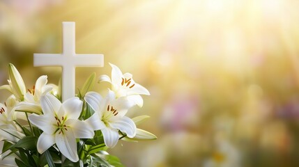 White cross with Easter lilies and golden sunlight for religious greeting cards