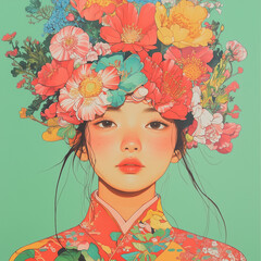 Japanese inspired portrait illustration elegant woman in traditional kimono with floral headdress and vibrant colors