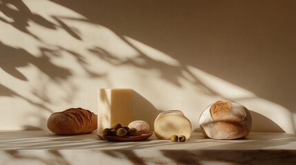 Still life arrangement featuring artisanal bread, cheese, and olives on a neutral background