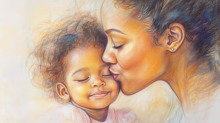 Tender pastel illustration of a mother kissing her daughter, symbolizing love and care. Great for Mother's Day cards, greeting designs, and sentimental projects.