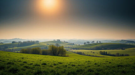 Fototapeta premium A high-contrast panorama of Romania's sunny springtime countryside