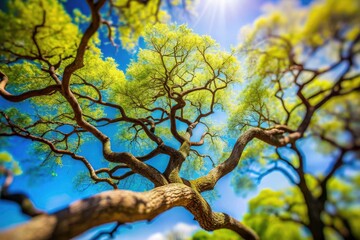Fototapeta premium Miniature tree branches against a vibrant blue sky; stunning tilt-shift photography captures a breathtaking nature landscape.